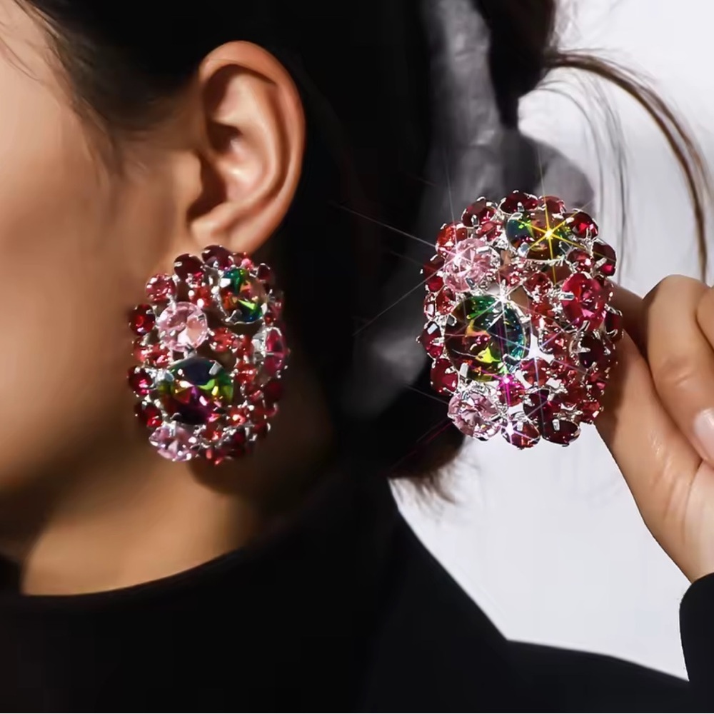 Zara pink Oval Multicolor Crystal Statement Earrings